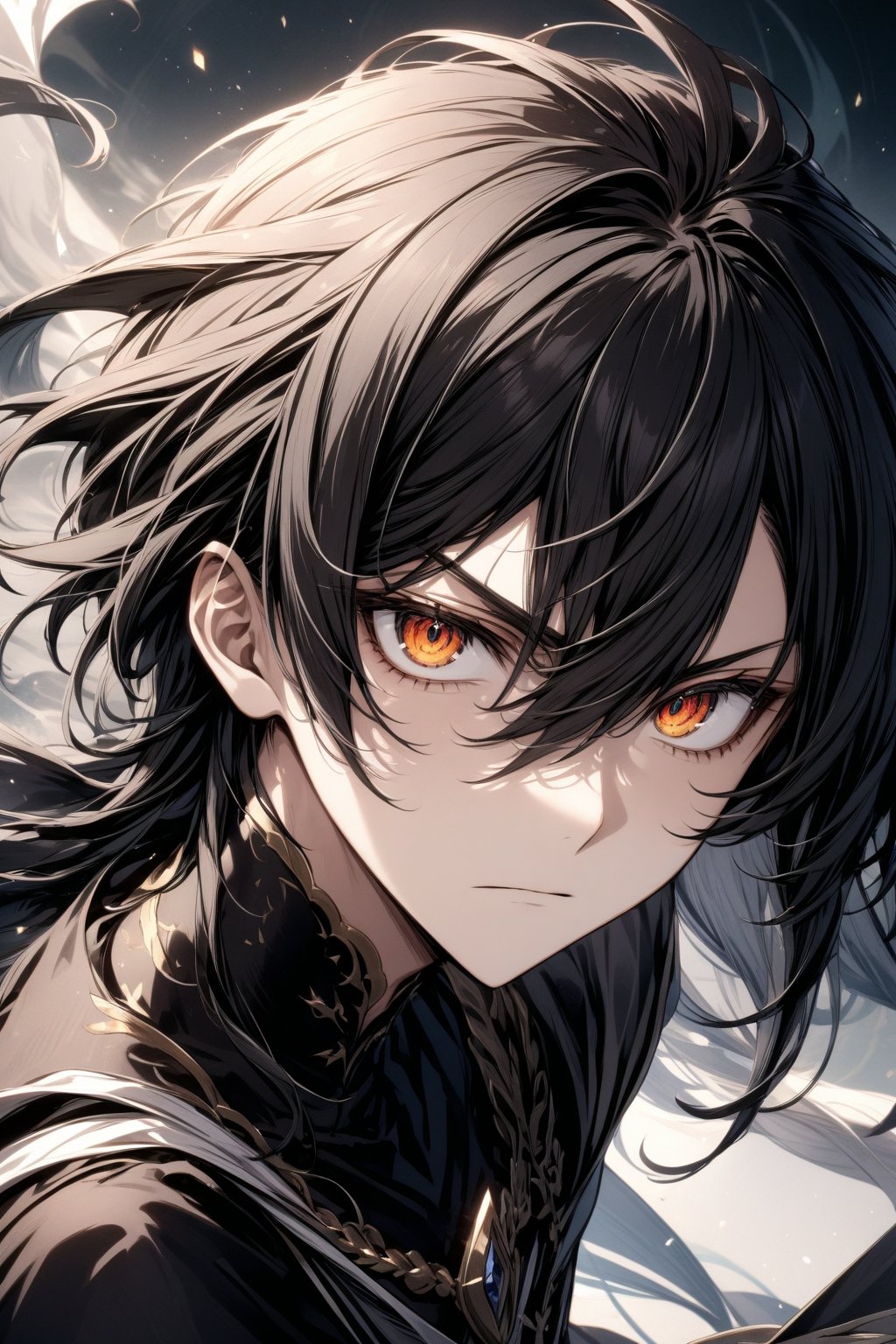 The world of cultivating immortals. Male. Long black hair. Black clothes. Stern face. Sharp eyes.