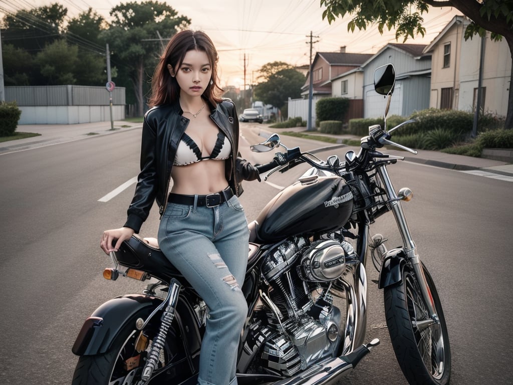 Woman riding a Harley,Long black hair with red highlights, Full Scene Shot, Highest quality, sunset, Step Path, The wind is blowing,Looking up at the sky, Beautiful woman, Outdoor Scene, Natural scenery, bikini, Umbilical cord prolapse, jeans,Cross Belt、Highly detailed face and skin texture, Fine ,1 girl , ,MOTORCYCLE,BIKE,CLASSICAL BIKE,masterpiece