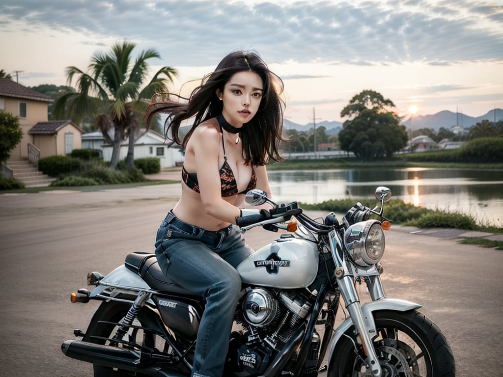 Woman riding a Harley,Long black hair with red highlights, Full Scene Shot, Highest quality, sunset, Step Path, The wind is blowing,Looking up at the sky, Beautiful woman, Outdoor Scene, Natural scenery, bikini, Umbilical cord prolapse, jeans,Cross Belt、Highly detailed face and skin texture, Fine ,1 girl , ,MOTORCYCLE,BIKE,CLASSICAL BIKE,masterpiece