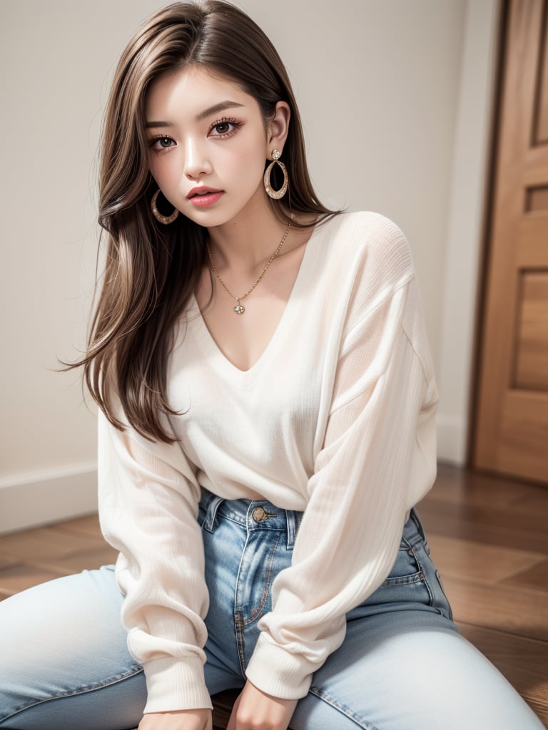 1girl, solo, long hair, looking at viewer, simple background, brown hair, shirt, long sleeves, white background, brown eyes, jewelry, sitting, white shirt, earrings, pants, necklace, lips, denim, jeans, realistic