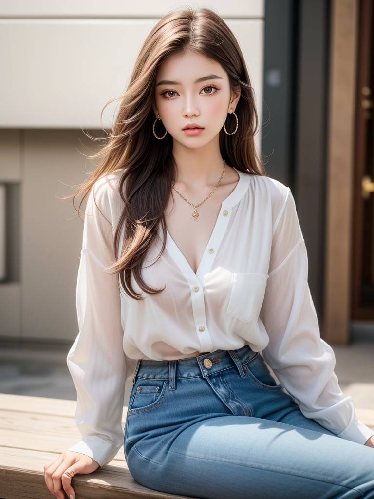 (ultra realistic,best quality),photorealistic,extremely realistic, in depth, cinematic light,1girl, solo, long hair, looking at viewer, simple background, brown hair, shirt, long sleeves, white background, brown eyes, jewelry, sitting, white shirt, earrings, pants, necklace, lips, denim, jeans, realistic