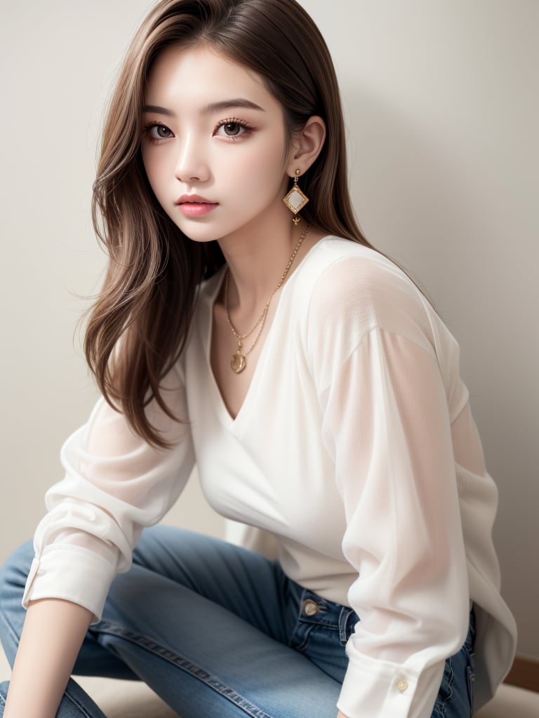 1girl, solo, long hair, looking at viewer, simple background, brown hair, shirt, long sleeves, white background, brown eyes, jewelry, sitting, white shirt, earrings, pants, necklace, lips, denim, jeans, realistic