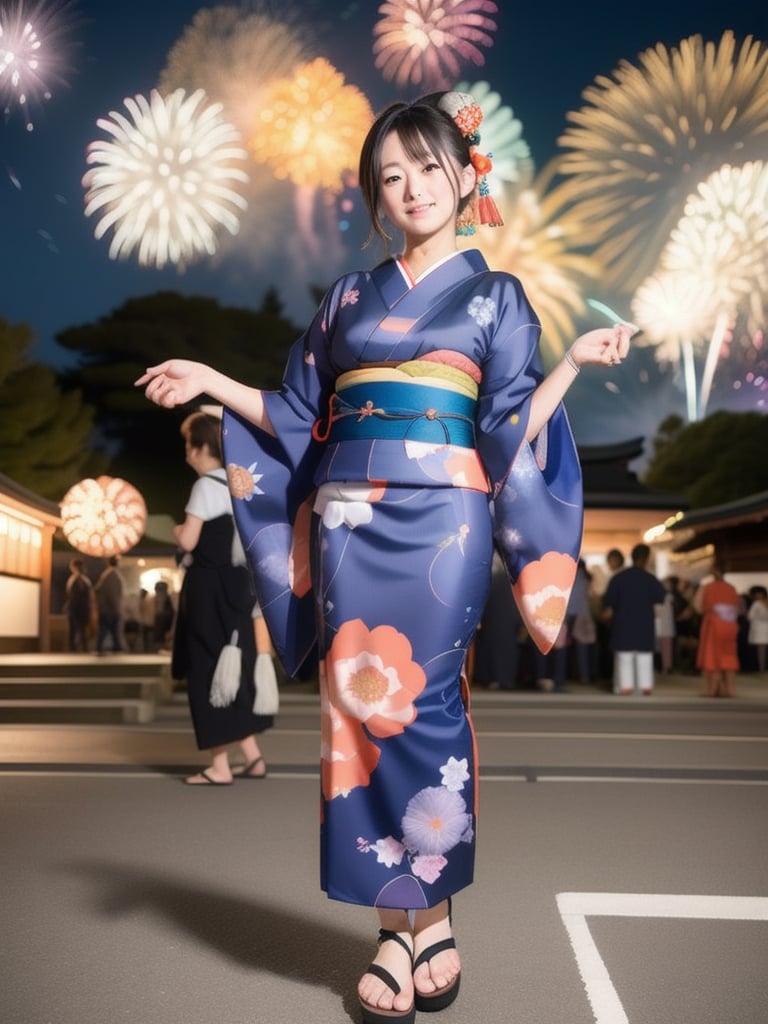 a girl in a blue and orange floral yukata watches a fireworks display at a Japanese festival, big_breasts