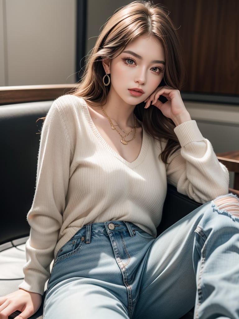 (ultra realistic,best quality),photorealistic,extremely realistic, in depth, cinematic light,1girl, solo, long hair, looking at viewer, simple background, brown hair, shirt, long sleeves, white background, brown eyes, jewelry, sitting, white shirt, earrings, pants, necklace, lips, denim, jeans, realistic