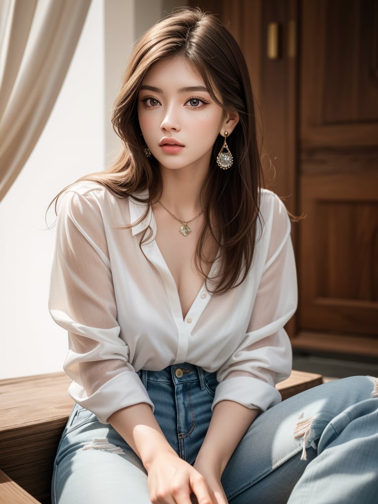 (ultra realistic,best quality),photorealistic,extremely realistic, in depth, cinematic light,1girl, solo, long hair, looking at viewer, simple background, brown hair, shirt, long sleeves, white background, brown eyes, jewelry, sitting, white shirt, earrings, pants, necklace, lips, denim, jeans, realistic