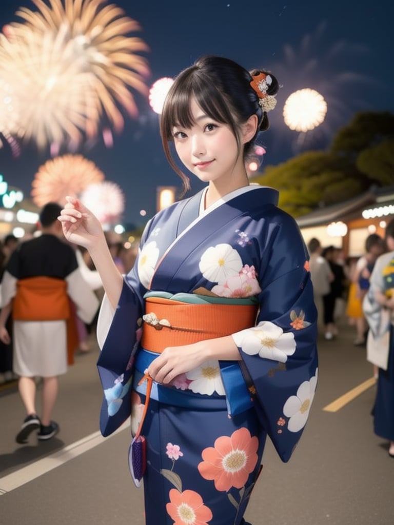 a girl in a blue and orange floral yukata watches a fireworks display at a Japanese festival, big_breasts,kimono