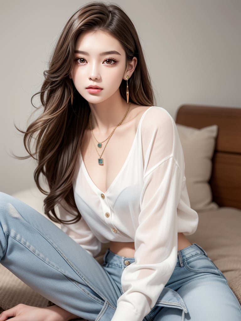 1girl, solo, long hair, looking at viewer, simple background, brown hair, shirt, long sleeves, white background, brown eyes, jewelry, sitting, white shirt, earrings, pants, necklace, lips, denim, jeans, realistic