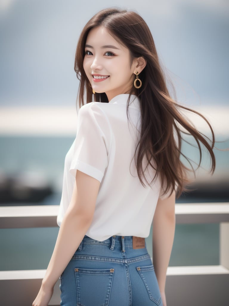 (8k, highest quality, masterpiece: 1.2), (Realistic, photoRealistic: 1.37),1girl, solo, long hair, looking at viewer, smile, simple background, brown hair, shirt, white background, jewelry, white shirt, earrings, looking back, pants, from behind, denim, jeans, realistic