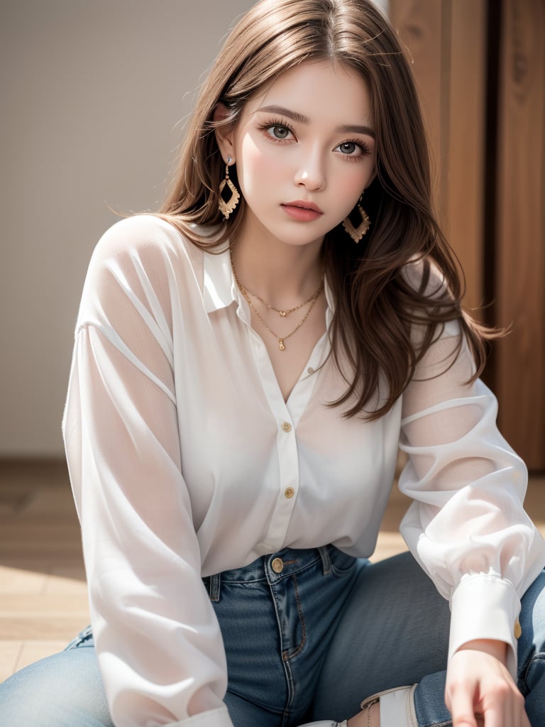 (ultra realistic,best quality),photorealistic,extremely realistic, in depth, cinematic light,1girl, solo, long hair, looking at viewer, simple background, brown hair, shirt, long sleeves, white background, brown eyes, jewelry, sitting, white shirt, earrings, pants, necklace, lips, denim, jeans, realistic