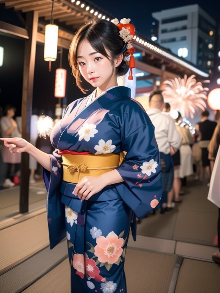 a girl in a blue and orange floral yukata watches a fireworks display at a Japanese festival, big_breasts