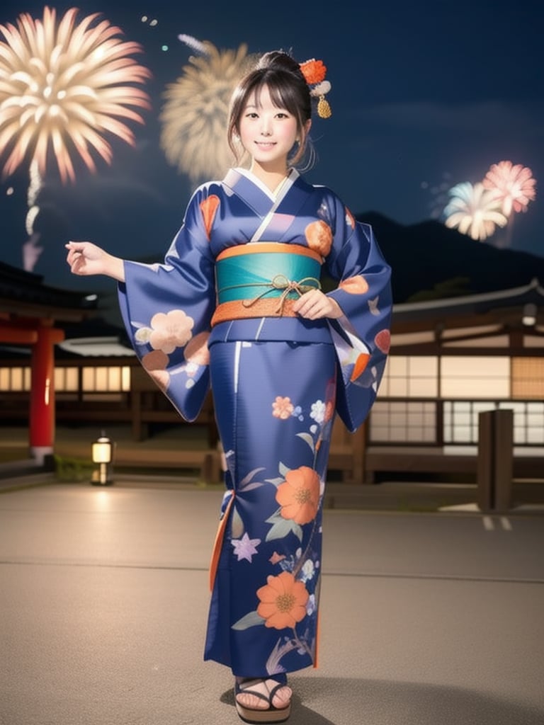 a girl in a blue and orange floral yukata watches a fireworks display at a Japanese festival, big_breasts,kimono