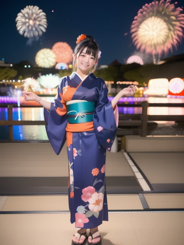 a girl in a blue and orange floral yukata watches a fireworks display at a Japanese festival, big_breasts