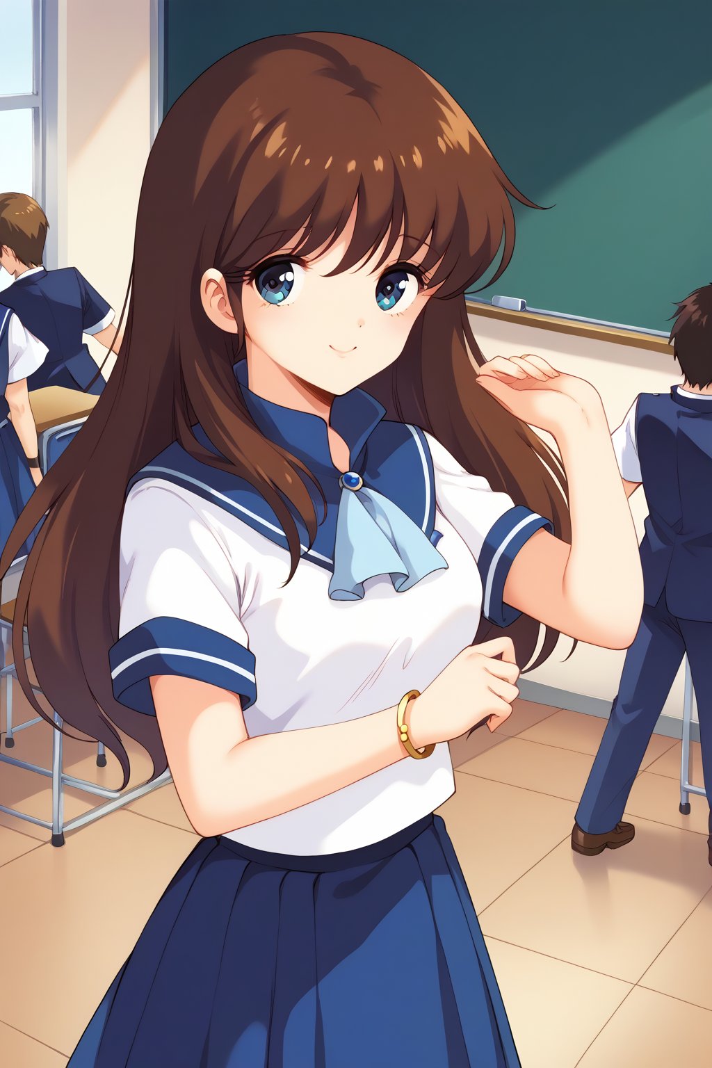 (masterpiece, best quality, ultra HD anime, super high resolution, 1980s/(style), anatomically accurate, perfect anatomy), (upper angle), looking at camera, score_9, score_8_up, score_7_up, source_anime, cream_ami, brown hair, long hair, bangs, blue eyes, smiling, (blue sailor suit, white sleeves, short sleeves, high collar, ascot, blue skirt, bracelet), looking at viewer, cowboy shot, dutch angle, dancing happily, dancing, (school scene, classroom, classroom at dusk),