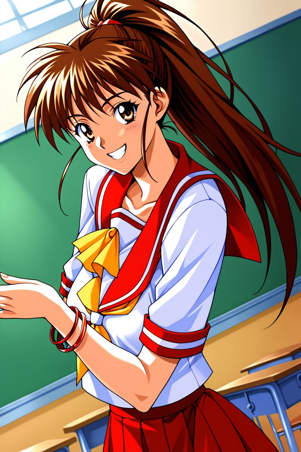 (masterpiece, best quality, ultra HD anime, super high resolution, 1980s/(style), anatomically accurate, perfect anatomy), (upper angle), looking at camera, score_9, score_8_up, score_7_up, source_anime, TanakaMisa, brown hair, long hair, bangs, ponytail, red ribbon, blue eyes, smiling, (red sailor uniform, white sleeves, short sleeves, high collar, ascot, red skirt, bracelet), looking at viewer, cowboy shot, dutch angle, dancing happily, dancing, (school scene, classroom, classroom at dusk), source_,