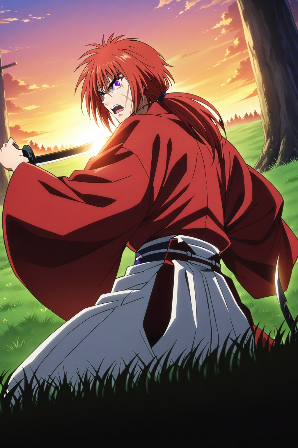 (masterpiece, best quality, ultra HD anime quality, super high resolution, 1980s/(style), retro, anatomically correct, perfect anatomy), (Himura Kenshin), one boy, solo, (red hair, long hair, low ponytail, thick bangs between the eyes, messy hair, purple eyes, sharp eyes, scar on face, angry face), emitting aura, (mouth open as if screaming), looking at the camera, (red kimono top, white hakama pants, black waistband), weapon, one Japanese sword, (Japanese sword has blade, tsuba, grip), wearing straw sandals, (four fingers and one thumb), (taking a fighting stance, holding the grip of the Japanese sword, standing low, legs spread wide, alone, in a grassland), (sunset view, distant forest, large grassland, dim grassland, grass, sunset), (front, angle from below), score 9, score 8_up, score 7_up, score 6_up,Himura Kenshin,red hair