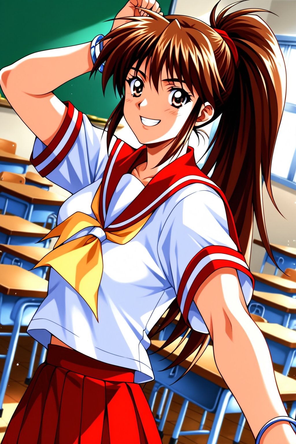 (masterpiece, best quality, ultra HD anime, super high resolution, 1980s/(style), anatomically accurate, perfect anatomy), (upper angle), looking at camera, score_9, score_8_up, score_7_up, source_anime, TanakaMisa, brown hair, long hair, bangs, ponytail, red ribbon, blue eyes, smiling, (red sailor uniform, white sleeves, short sleeves, high collar, ascot, red skirt, bracelet), looking at viewer, cowboy shot, dutch angle, dancing happily, dancing, (school scene, classroom, classroom at dusk), source_,