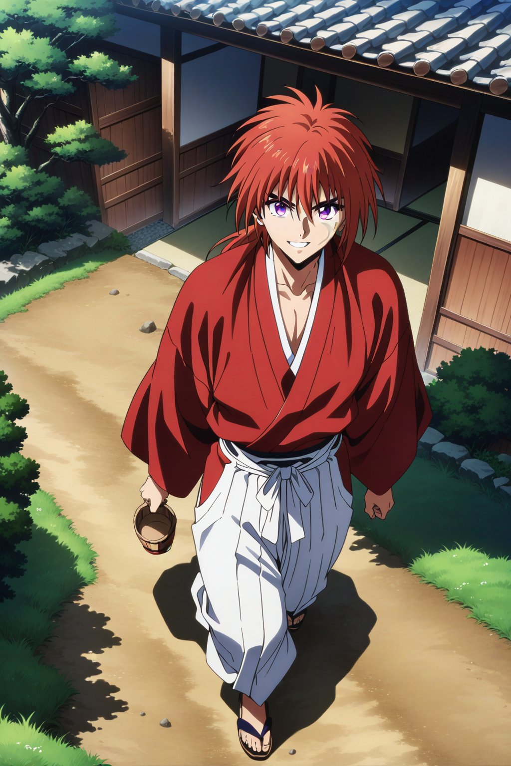 (masterpiece, best quality, ultra HD anime quality, super high resolution, 1980s/(style), retro, anatomically accurate, perfect anatomy), (Himura Kenshin), one boy, solo, (red hair, long hair, low ponytail, thick bangs between eyes, messy hair, purple eyes, highly detailed eyes, facial scar, smiling), highly detailed face, mouth slightly open, looking at camera, (red kimono top, white hakama pants, black obi), wearing straw sandals, (four fingers, one thumb), (walking hobbling, shaking sleeves, hiding hands in sleeves, on dirt road, in town lined with Japanese houses, during the day), (view of Japanese houses, noren, sunshade, wooden lattice, shoji window, wooden bucket, dirt road), (front, angle from above), score 9, score 8_up, score 7_up, score 6_up,