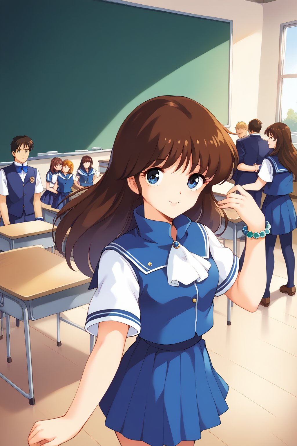 (masterpiece, best quality, ultra HD anime, super high resolution, 1980s/(style), anatomically accurate, perfect anatomy), (upper angle), looking at camera, score_9, score_8_up, score_7_up, source_anime, cream_ami, brown hair, long hair, bangs, blue eyes, smiling, (blue sailor suit, white sleeves, short sleeves, high collar, ascot, blue skirt, bracelet), looking at viewer, cowboy shot, dutch angle, dancing happily, dancing, (school scene, classroom, classroom at dusk),