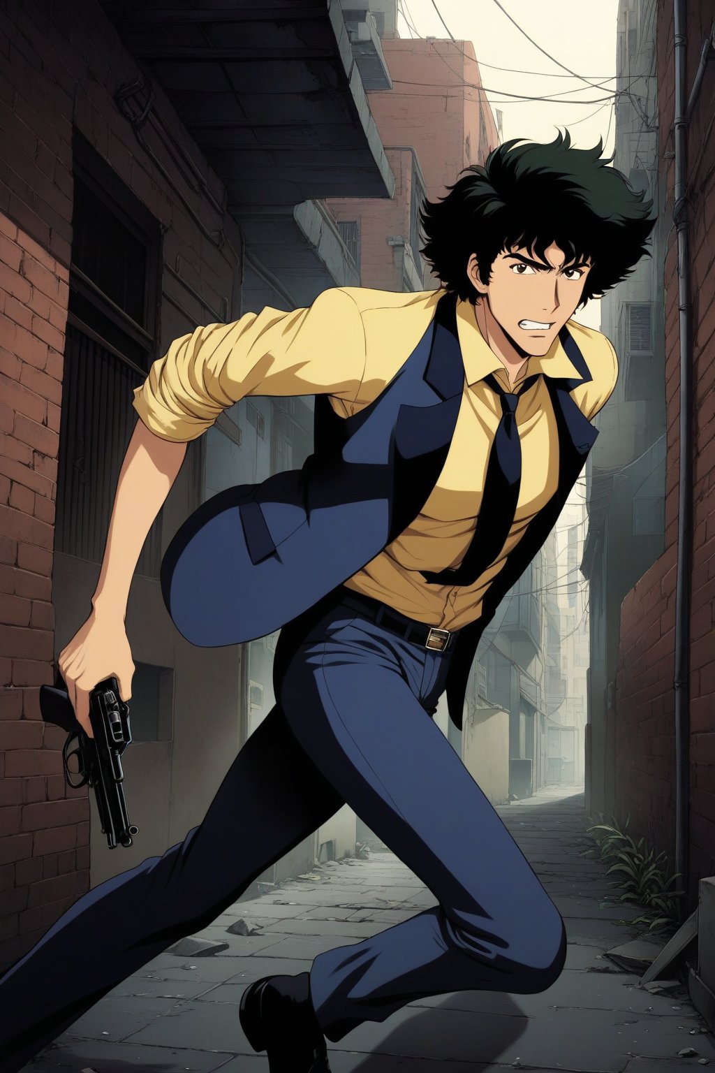 (masterpiece, best quality, ultra HD anime quality, super high resolution, 1980s/(style), retro, anatomically accurate, perfect anatomy), (side view, bottom angle), looking at the camera, (Spike Spiegel, one boy), solo, (black hair, short hair, bangs, messy hair, brown eyes, angry face), mouth slightly open, teeth clenched, (wearing navy blue suit, Spike's, sleeves rolled up to elbows, (black tie, slightly thin), no handkerchief on chest, (yellow shirt, collar up)), (navy blue suit pants, black socks, black leather shoes), holding a gun, (running, leaning forward, slightly hunched back, big stride, gun aimed), (brick cityscape, back alley, bleak, dilapidated city, littered), score_9, score_8_up, score_7_up, score_6_up,