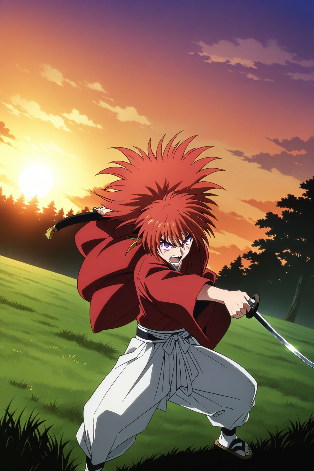 (masterpiece, best quality, ultra HD anime quality, super high resolution, 1980s/(style), retro, anatomically correct, perfect anatomy), (Himura Kenshin), one boy, solo, (red hair, long hair, low ponytail, thick bangs between the eyes, messy hair, purple eyes, sharp eyes, scar on face, angry face), emitting aura, (mouth open as if screaming), looking at the camera, (red kimono top, white hakama pants, black waistband), weapon, one Japanese sword, (Japanese sword has blade, tsuba, grip), wearing straw sandals, (four fingers and one thumb), (taking a fighting stance, holding the grip of the Japanese sword, standing low, legs spread wide, alone, in a grassland), (sunset view, distant forest, large grassland, dim grassland, grass, sunset), (front, angle from below), score 9, score 8_up, score 7_up, score 6_up,Himura Kenshin,red hair