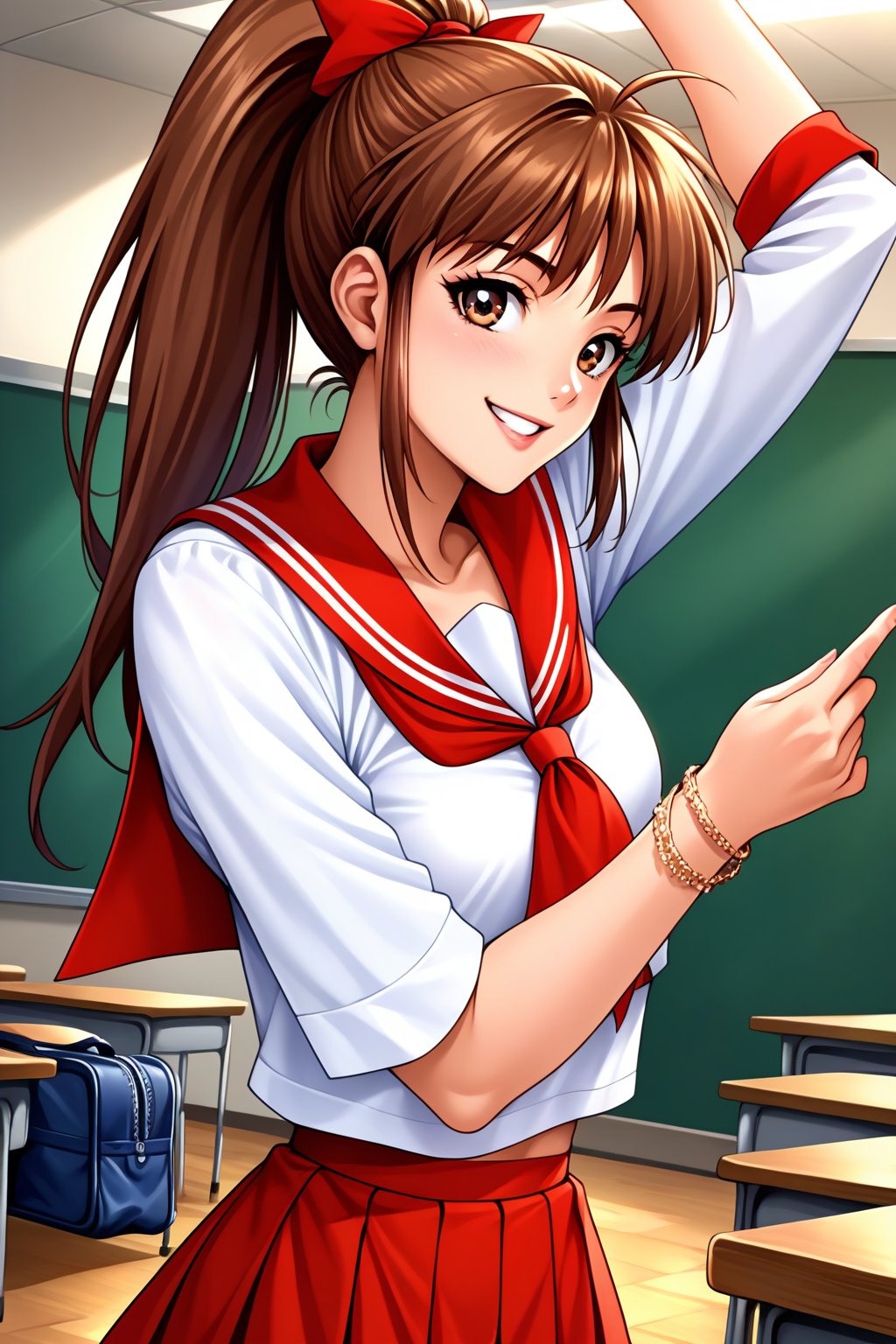 (masterpiece, best quality, ultra HD anime, super high resolution, 1980s/(style), anatomically accurate, perfect anatomy), (upper angle), looking at camera, score_9, score_8_up, score_7_up, source_anime, TanakaMisa, brown hair, long hair, bangs, ponytail, red ribbon, blue eyes, smiling, (red sailor uniform, white sleeves, short sleeves, high collar, ascot, red skirt, bracelet), looking at viewer, cowboy shot, dutch angle, dancing happily, dancing, (school scene, classroom, classroom at dusk), source_