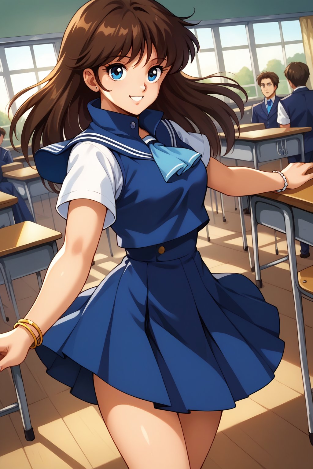 (masterpiece, best quality, ultra HD anime, super high resolution, 1980s/(style), anatomically accurate, perfect anatomy), (upper angle), looking at camera, score_9, score_8_up, score_7_up, source_anime, cream_ami, brown hair, long hair, bangs, blue eyes, smiling, (blue sailor suit, white sleeves, short sleeves, high collar, ascot, blue skirt, bracelet), looking at viewer, cowboy shot, dutch angle, dancing happily, dancing, (school scene, classroom, classroom at dusk),