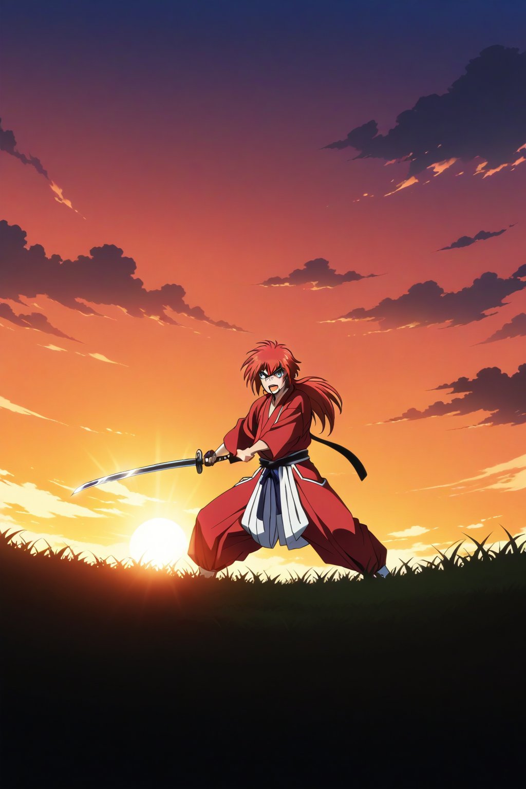 (masterpiece, best quality, ultra HD anime quality, super high resolution, 1980s/(style), retro, anatomically correct, perfect anatomy), (Himura Kenshin), one boy, solo, (red hair, long hair, low ponytail, thick bangs between the eyes, messy hair, purple eyes, sharp eyes, scar on face, angry face), emitting aura, (mouth open as if screaming), looking at the camera, (red kimono top, white hakama pants, black waistband), weapon, one Japanese sword, (Japanese sword has blade, tsuba, grip), wearing straw sandals, (four fingers and one thumb), (taking a fighting stance, holding the grip of the Japanese sword, standing low, legs spread wide, alone, in a grassland), (sunset view, distant forest, large grassland, dim grassland, grass, sunset), (front, angle from below), score 9, score 8_up, score 7_up, score 6_up,