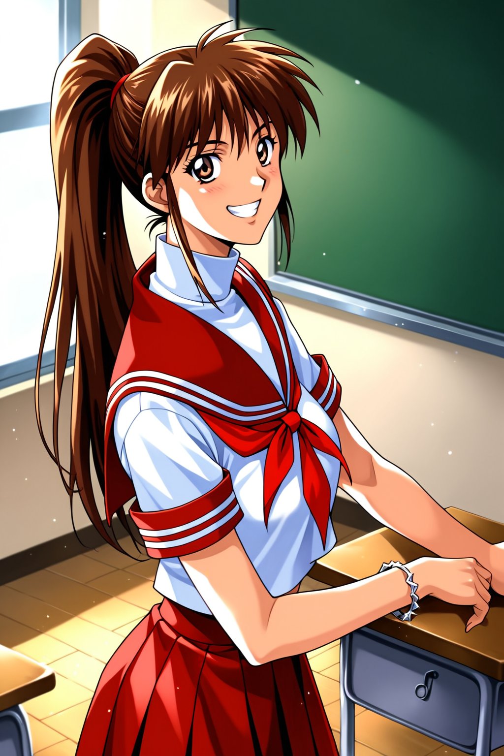 (masterpiece, best quality, ultra HD anime, super high resolution, 1980s/(style), anatomically accurate, perfect anatomy), (upper angle), looking at camera, score_9, score_8_up, score_7_up, source_anime, TanakaMisa, brown hair, long hair, bangs, ponytail, red ribbon, blue eyes, smiling, (red sailor uniform, white sleeves, short sleeves, high collar, ascot, red skirt, bracelet), looking at viewer, cowboy shot, dutch angle, dancing happily, dancing, (school scene, classroom, classroom at dusk), source_,