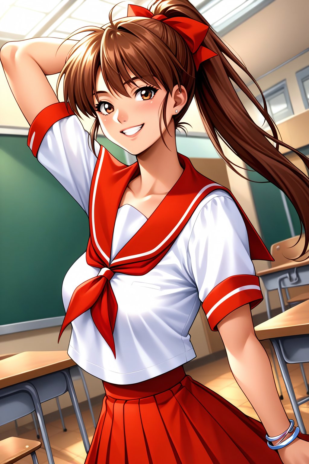 (masterpiece, best quality, ultra HD anime, super high resolution, 1980s/(style), anatomically accurate, perfect anatomy), (upper angle), looking at camera, score_9, score_8_up, score_7_up, source_anime, TanakaMisa, brown hair, long hair, bangs, ponytail, red ribbon, blue eyes, smiling, (red sailor uniform, white sleeves, short sleeves, high collar, ascot, red skirt, bracelet), looking at viewer, cowboy shot, dutch angle, dancing happily, dancing, (school scene, classroom, classroom at dusk), source_