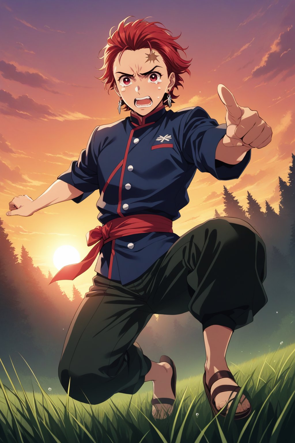 (masterpiece, best quality, ultra HD anime quality, super high resolution, 1980s/(style), retro, anatomically accurate, perfect anatomy), (tanjirou_kamado), one boy, solo, (red hair, short hair, slicked back, messy hair, forehead, red eyes, crying face), crying tears, tears scattered around, scar, scar on face, scar on forehead, (mouth open as if screaming), (piercing, earring, morning sun tag), looking at camera, (Demon Slayer uniform top, Demon Slayer uniform pants, navy blue uniform), (wrap A belt is tied around both feet), wearing straw sandals, (four fingers and one thumb), (chasing, as if diving, one hand is stretched straight out, fingers positioned as if trying to grab, hands spread wide, one hand pointing toward the ground, legs spread wide, in a grassland), (sunset view, distant forest, grassland, dim grassland, grass, sunset), (side view, angle from below), score 9, score 8_up, score 7_up, score 6_up,