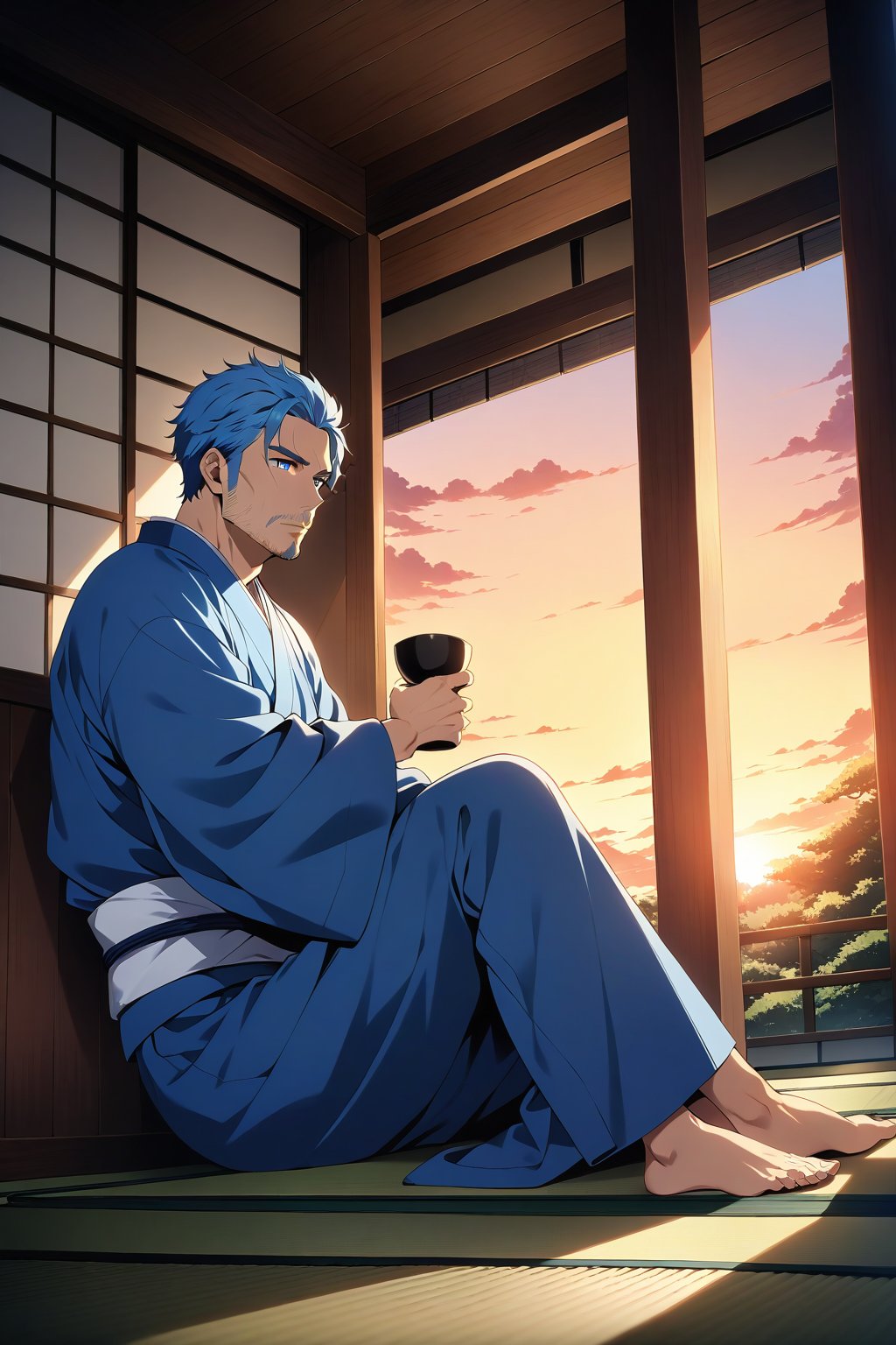 (masterpiece, best quality, 32k ultra HD anime quality, super high resolution, anatomically accurate, perfect anatomy),
(bercouli), mature_man, solo, looking at garden,
(blue_hair, short_hair,_bangs_hanging_on_one_side,_blue_eyes,_sparse_beard,_stubble,_lonely_face),
(Japanese_clothes,_blue_kimono,_white_sash), barefoot,
(four_toes,_one_thumb),
(drinking_from_a_ceramic_Japanese_cup,_hunched_back,_sitting_on_the_porch,_crossed_legs,_in_a_Japanese_room),
(view_of_a_Japanese_house,_tatami_Japanese_room,_wooden_porch,_red_garden,_small_Japanese_garden,_evening,_sunset),
(side_view,_diagonal_angle_from_below_behind),
score_9,score_8_up,score_7_up,score_6_up,