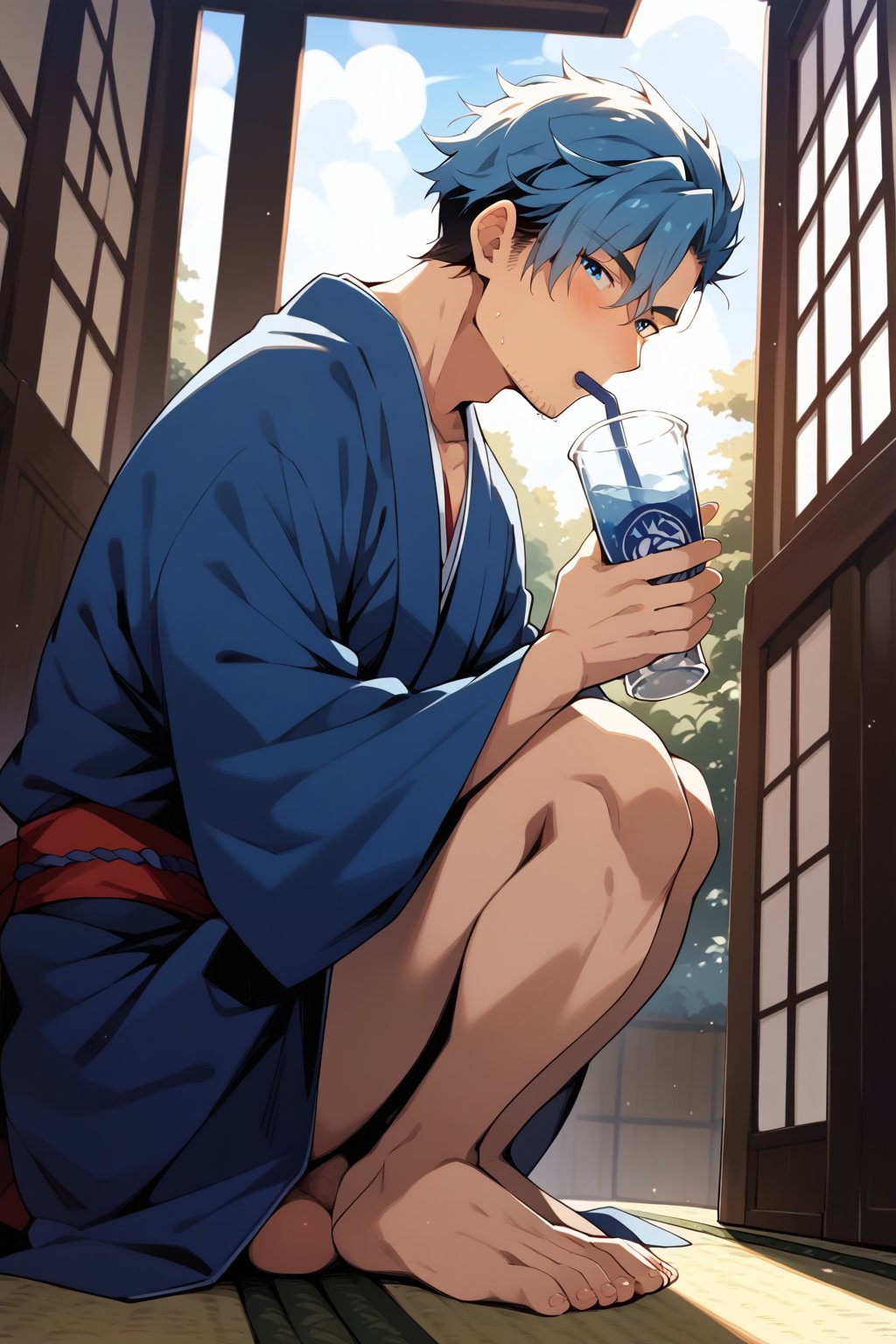 (masterpiece, best quality, 32k ultra HD anime quality, super high resolution, anatomically accurate, perfect anatomy),
(bercouli), mature_man, solo, looking_at_the_garden,
(blue_hair,_short_hair,_bangs_hanging_on_one_side,_blue_eyes,_slightly_shaven_beard,_stubble,_lonely_face),
(Japanese_clothes,_blue_kimono,_white_sash), barefoot,
(four_toes,_one_thumb),
(drinking_from_a_ceramic_Japanese_cup,_sitting_on_the_porch,_with_his_back_hunched,_on_one_knee),
(view_of_a_Japanese_house,_tatami_room,_wooden_porch,_red_garden,_small_Japanese_garden,_evening,_sunset),
(side_view,_diagonal_angle_from_below_behind),
score_9,score_8_up,score_7_up,score_6_up,score_9_up