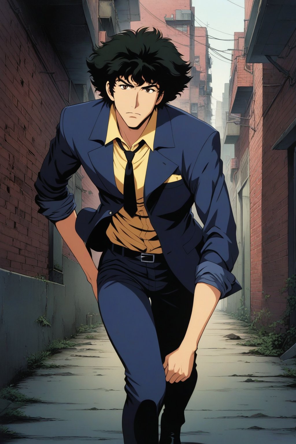 (masterpiece, best quality, ultra HD anime quality, super high resolution, 1980s/(style), retro, anatomically accurate, perfect anatomy), (side view, bottom angle), looking at the camera, (Spike Spiegel, one boy), solo, (black hair, short hair, bangs, messy hair, brown eyes, angry face), mouth slightly open, teeth clenched, (wearing navy blue suit, Spike's, sleeves rolled up to elbows, (black tie, slightly thin), no handkerchief on chest, (yellow shirt, collar up)), (navy blue suit pants, black socks, black leather shoes), holding a gun, (running, leaning forward, slightly hunched back, big stride, gun aimed), (brick cityscape, back alley, bleak, dilapidated city, littered), score_9, score_8_up, score_7_up, score_6_up,