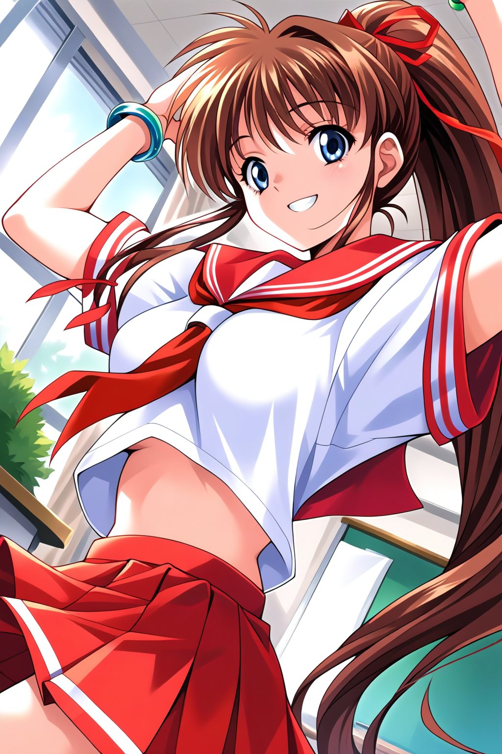 (masterpiece, best quality, ultra HD anime, super high resolution, 1980s/(style), anatomically accurate, perfect anatomy), (upper angle), looking at camera, score_9, score_8_up, score_7_up, source_anime, TanakaMisa, brown hair, long hair, bangs, ponytail, red ribbon, blue eyes, smiling, (red sailor uniform, white sleeves, short sleeves, high collar, ascot, red skirt, bracelet), looking at viewer, cowboy shot, dutch angle, dancing happily, dancing, (school scene, classroom, classroom at dusk), source_