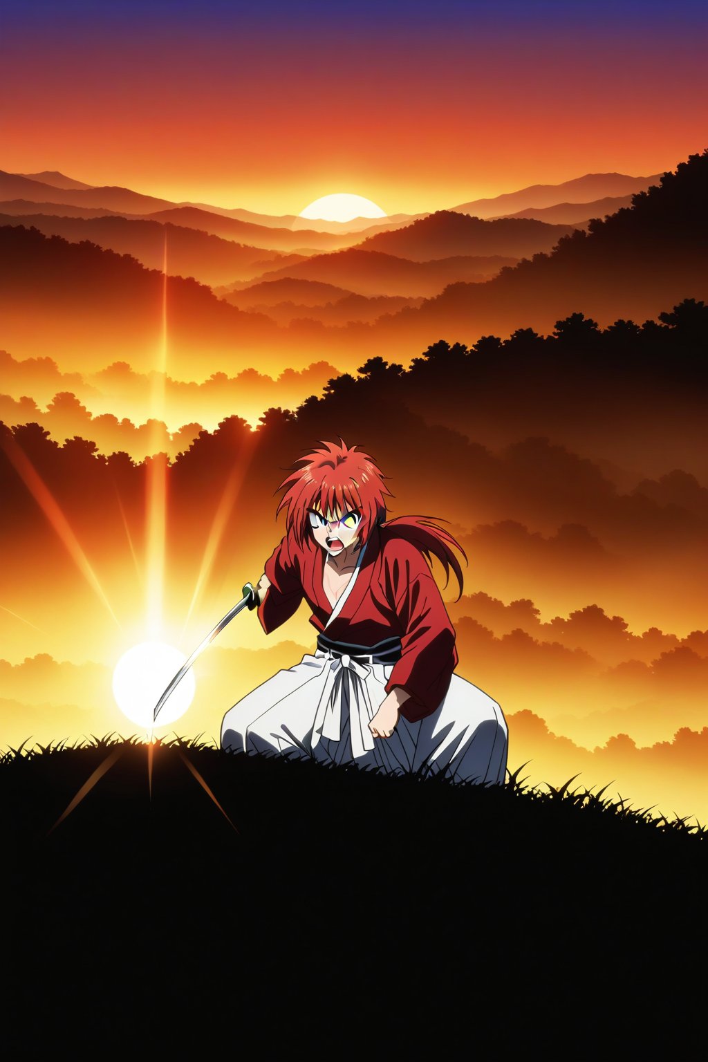 (masterpiece, best quality, ultra HD anime quality, super high resolution, 1980s/(style), retro, anatomically correct, perfect anatomy), (Himura Kenshin), one boy, solo, (red hair, long hair, low ponytail, thick bangs between the eyes, messy hair, purple eyes, sharp eyes, scar on face, angry face), emitting aura, (mouth open as if screaming), looking at the camera, (red kimono top, white hakama pants, black waistband), weapon, one Japanese sword, (Japanese sword has blade, tsuba, grip), wearing straw sandals, (four fingers and one thumb), (taking a fighting stance, holding the grip of the Japanese sword, standing low, legs spread wide, alone, in a grassland), (sunset view, distant forest, large grassland, dim grassland, grass, sunset), (front, angle from below), score 9, score 8_up, score 7_up, score 6_up,Himura Kenshin,red hair