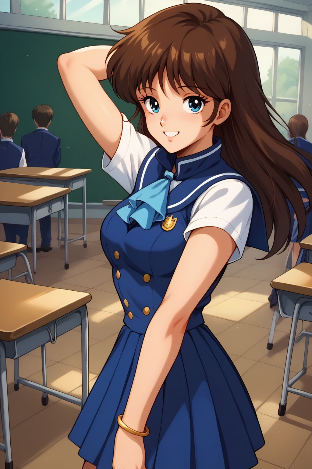 (masterpiece, best quality, ultra HD anime, super high resolution, 1980s/(style), anatomically accurate, perfect anatomy), (upper angle), looking at camera, score_9, score_8_up, score_7_up, source_anime, cream_ami, brown hair, long hair, bangs, blue eyes, smiling, (blue sailor suit, white sleeves, short sleeves, high collar, ascot, blue skirt, bracelet), looking at viewer, cowboy shot, dutch angle, dancing happily, dancing, (school scene, classroom, classroom at dusk),