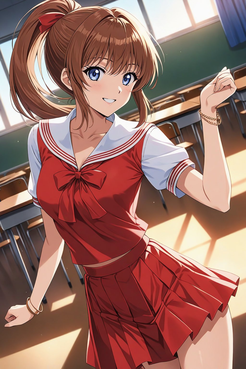 (masterpiece, best quality, ultra HD anime, super high resolution, 1980s/(style), anatomically accurate, perfect anatomy), (upper angle), looking at camera, score_9, score_8_up, score_7_up, source_anime, TanakaMisa, brown hair, long hair, bangs, ponytail, red ribbon, blue eyes, smiling, (red sailor uniform, white sleeves, short sleeves, high collar, ascot, red skirt, bracelet), looking at viewer, cowboy shot, dutch angle, dancing happily, dancing, (school scene, classroom, classroom at dusk), source_