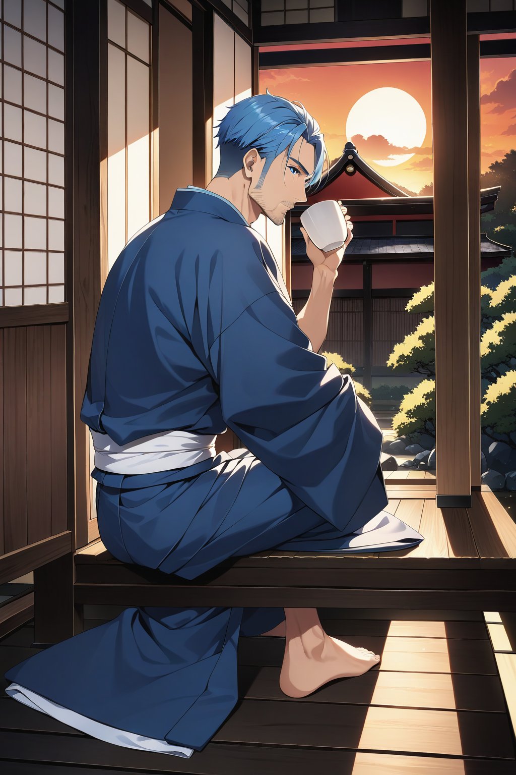 (masterpiece, best quality, 32k ultra HD anime quality, super high resolution, anatomically accurate, perfect anatomy),
(bercouli), mature_man, solo, looking at garden,
(blue_hair, short_hair, bangs_hanging_on_one_side, blue_eyes, thin_shaven_beard, stubble, lonely_face),
(Japanese_clothes, blue_kimono, white_sash), barefoot,
(four_toes,_one_thumb),
(drinking_from_a_ceramic_Japanese_cup, hunched_back,_sitting_on_the_porch,_crossed_legs,_in_a_Japanese_room),
(view_of_a_Japanese_house,_tatami_Japanese_room,_wooden_porch,_red_garden,_small_Japanese_garden,_evening,_sunset),
(side_view,_diagonal_angle_from_below_behind),
score_9,score_8_up,score_7_up,score_6_up, source_