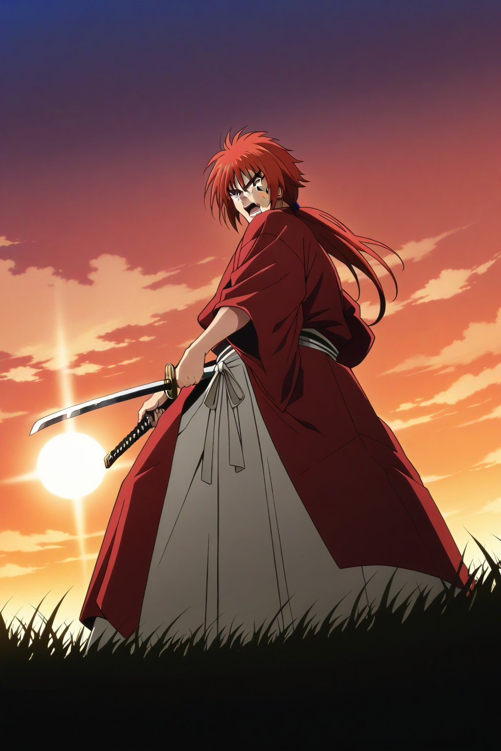 (masterpiece, best quality, ultra HD anime quality, super high resolution, 1980s/(style), retro, anatomically correct, perfect anatomy), (Himura Kenshin), one boy, solo, (red hair, long hair, low ponytail, thick bangs between the eyes, messy hair, purple eyes, sharp eyes, scar on face, angry face), emitting aura, (mouth open as if screaming), looking at the camera, (red kimono top, white hakama pants, black waistband), weapon, one Japanese sword, (Japanese sword has blade, tsuba, grip), wearing straw sandals, (four fingers and one thumb), (taking a fighting stance, holding the grip of the Japanese sword, standing low, legs spread wide, alone, in a grassland), (sunset view, distant forest, large grassland, dim grassland, grass, sunset), (front, angle from below), score 9, score 8_up, score 7_up, score 6_up,Himura Kenshin,red hair