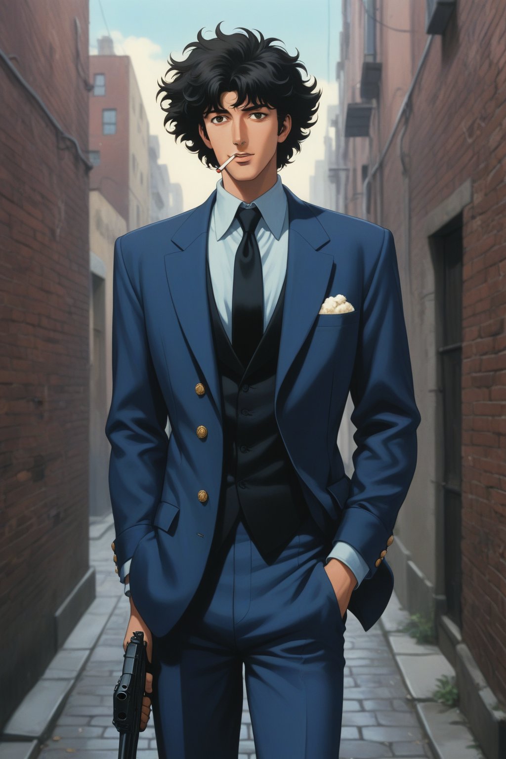 (masterpiece, best quality, ultra HD anime quality, super high resolution, 1980s/(style), retro, anatomically correct, perfect anatomy), (side view, top view), looking into the camera, (Spike Spiegel, one boy), solo, (black hair, short hair, bangs, messy hair, brown eyes, straight face), (wearing navy blue suit, spikes, sleeves rolled up to elbows, (black tie, slightly thin), no handkerchief, (cream shirt, collar up)), (navy blue suit pants, black socks, black leather shoes), holding a gun, (standing, hunched, slightly bent at the waist, slightly bent knees, slightly apart legs, tilted, one hand in trouser pocket, (holding a cigarette in mouth, crumpled)), (brick city scene, back alley, bleak, dilapidated city, littered), score_9, score_8_up, score_7_up, score_6_up,