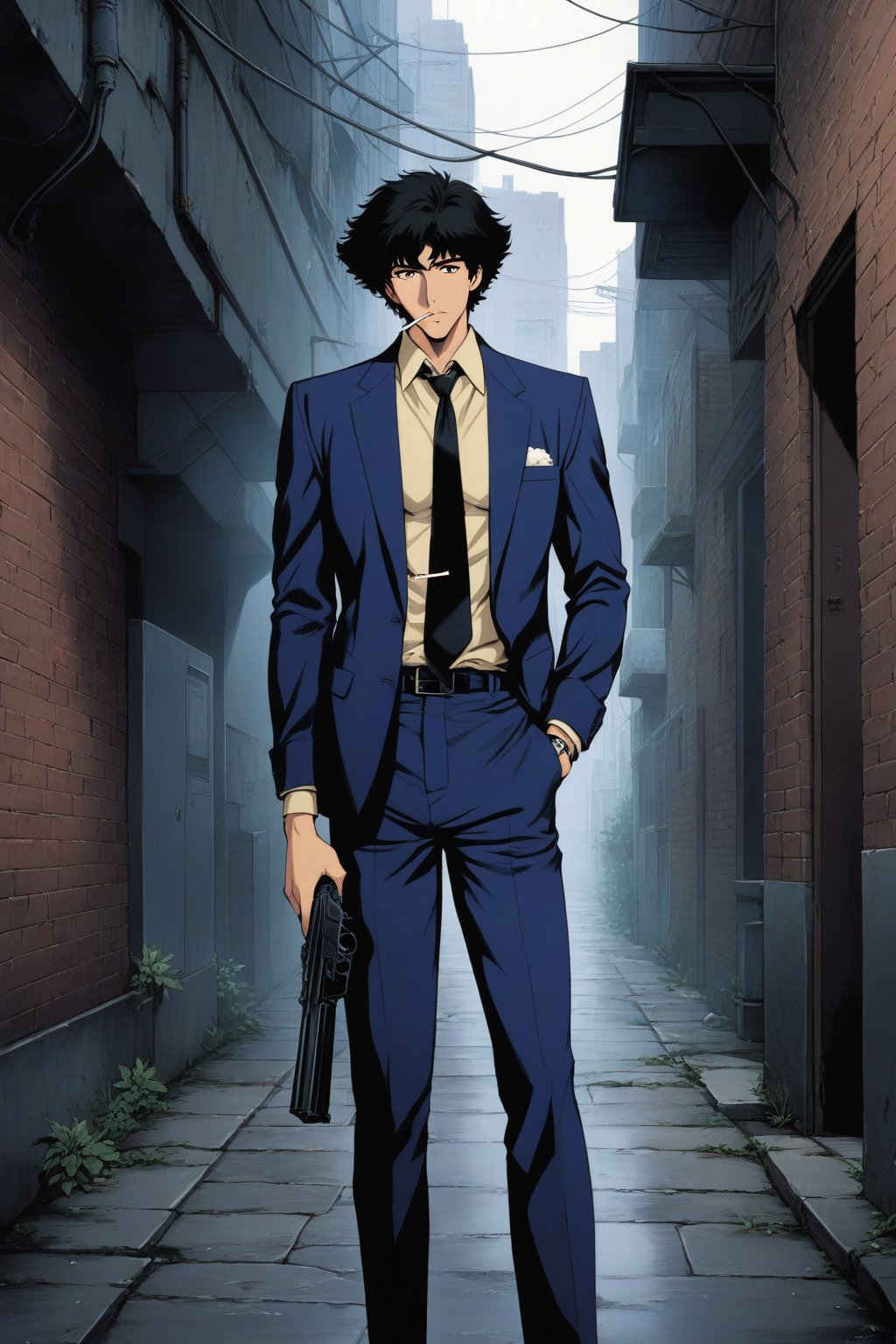 (masterpiece, best quality, ultra HD anime quality, super high resolution, 1980s/(style), retro, anatomically accurate, perfect anatomy), (front, bottom angle), looking at the camera, (Spike Spiegel, one boy), solo, (black hair, short hair, bangs, messy hair, brown eyes, straight face), (Spike's navy blue suit, big collar on left side, no collar on right shoulder, grey lining, sleeves rolled up to elbows, (black tie, slightly skinny), (cream shirt, collar up)), (navy blue suit pants, black socks, black leather shoes), holding a gun, (standing, tilted, one hand in trouser pocket, (cigarette in mouth, crumpled), sloppy), (brick street scene, back alley, bleak, dilapidated city, littered), score_9, score_8_up, score_7_up, score_6_up