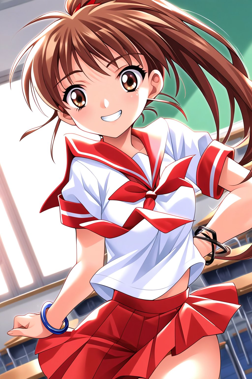 (masterpiece, best quality, ultra HD anime, super high resolution, 1980s/(style), anatomically accurate, perfect anatomy), (upper angle), looking at camera, score_9, score_8_up, score_7_up, source_anime, TanakaMisa, brown hair, long hair, bangs, ponytail, red ribbon, blue eyes, smiling, (red sailor uniform, white sleeves, short sleeves, high collar, ascot, red skirt, bracelet), looking at viewer, cowboy shot, dutch angle, dancing happily, dancing, (school scene, classroom, classroom at dusk), source_