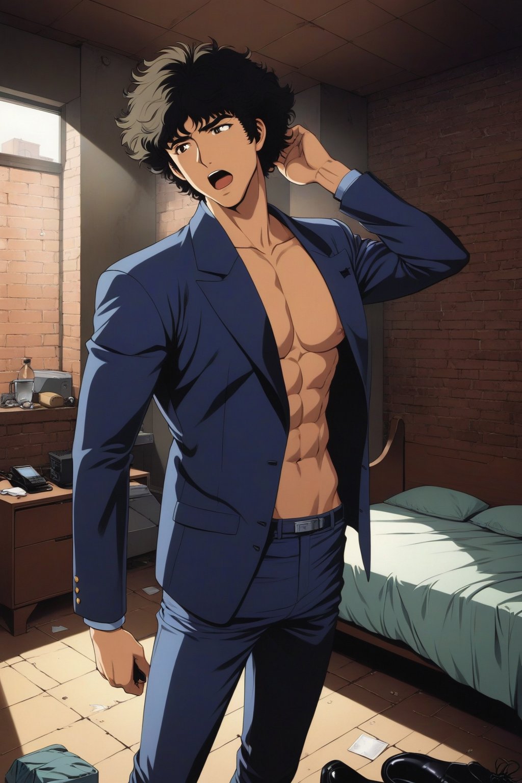 (masterpiece, best quality, ultra HD anime quality, super high resolution, 1980s/(style), retro, anatomically accurate, perfect anatomy), (side view, bottom angle), looking at the camera, (Spike Spiegel, one boy), solo, (black hair, short hair, bangs, messy hair, brown eyes, sleepy face), one eye closed, (mouth slightly open, wide), (hot chest, impressive abs, six pack), (navy suit pants, black socks, black leather shoes), holding a gun, (standing, yawning, one hand on head, beside bed), (brick room view, bedroom, bed, dirty room, trash scattered around), score_9, score_8_up, score_7_up, score_6_up,