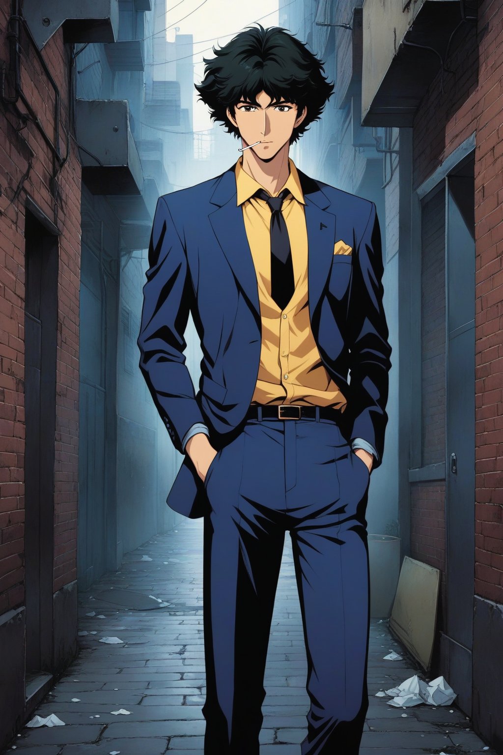 (masterpiece, best quality, ultra HD anime quality, super high resolution, 1980s/(style), retro, anatomically accurate, perfect anatomy), (front, bottom angle), looking at the camera, (Spike Spiegel, one boy), solo, (black hair, short hair, bangs, messy hair, brown eyes, straight face), (navy blue suit, grey lining, sleeves rolled up to elbows, (black tie, slightly skinny), (yellow shirt, collar up)), (navy blue suit pants, black socks, black leather shoes), holding a gun, (standing, tilted to one side, one hand in trouser pocket, (cigarette in mouth, crumpled), feet together), (brick street scene, back alley, bleak, dilapidated city, littered), score_9, score_8_up, score_7_up, score_6_up