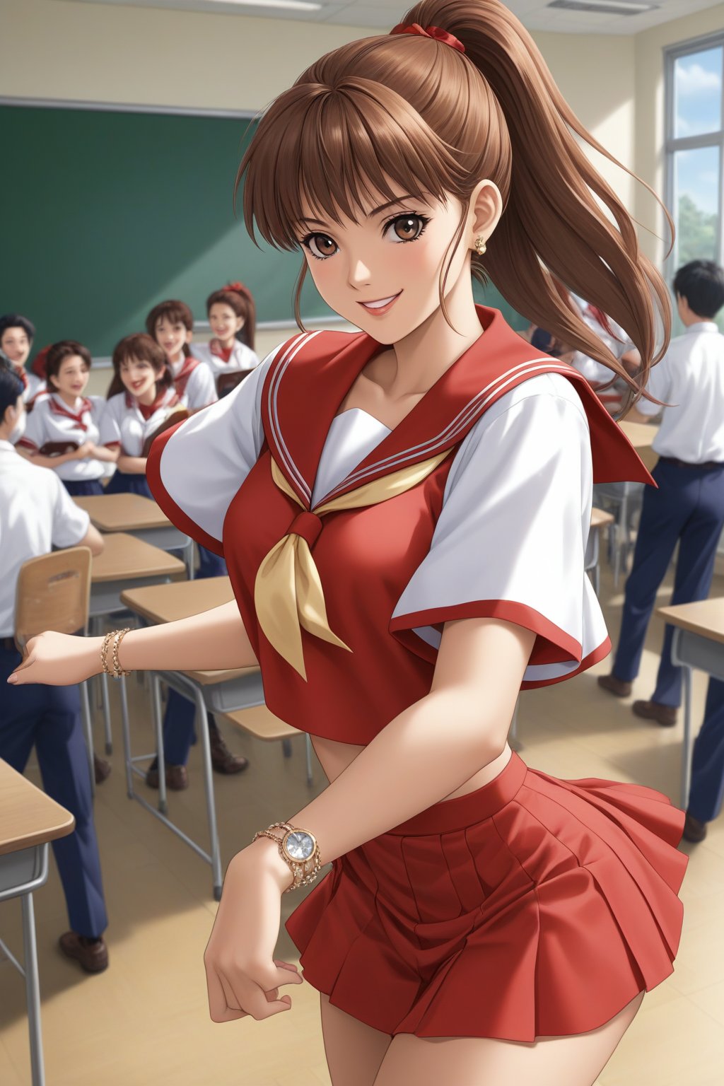 (masterpiece, best quality, ultra HD anime, super high resolution, 1980s/(style), anatomically accurate, perfect anatomy), (upper angle), looking at camera, score_9, score_8_up, score_7_up, source_anime, TanakaMisa, brown hair, long hair, bangs, ponytail, red ribbon, blue eyes, smiling, (red sailor uniform, white sleeves, short sleeves, high collar, ascot, red skirt, bracelet), looking at viewer, cowboy shot, dutch angle, dancing happily, dancing, (school scene, classroom, classroom at dusk), source_,