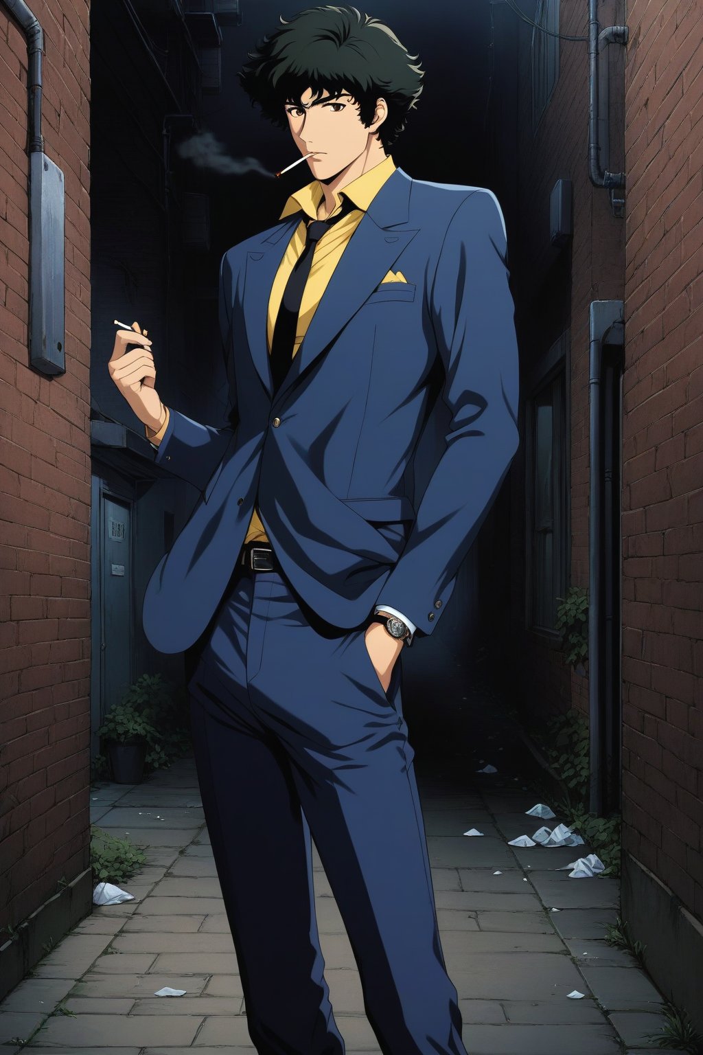 (masterpiece, best quality, ultra HD anime quality, super high resolution, 1980s/(style), retro, anatomically accurate, perfect anatomy), (front, bottom angle), looking at the camera, (Spike Spiegel, one boy), solo, (black hair, short hair, bangs, messy hair, brown eyes, straight face), (navy blue suit, grey lining, sleeves rolled up to elbows, (black tie, slightly skinny), (yellow shirt, collar up)), (navy blue suit pants, black socks, black leather shoes), holding a gun, (standing, tilted to one side, one hand in trouser pocket, (cigarette in mouth, crumpled), feet together), (brick street scene, back alley, bleak, dilapidated city, littered), score_9, score_8_up, score_7_up, score_6_up