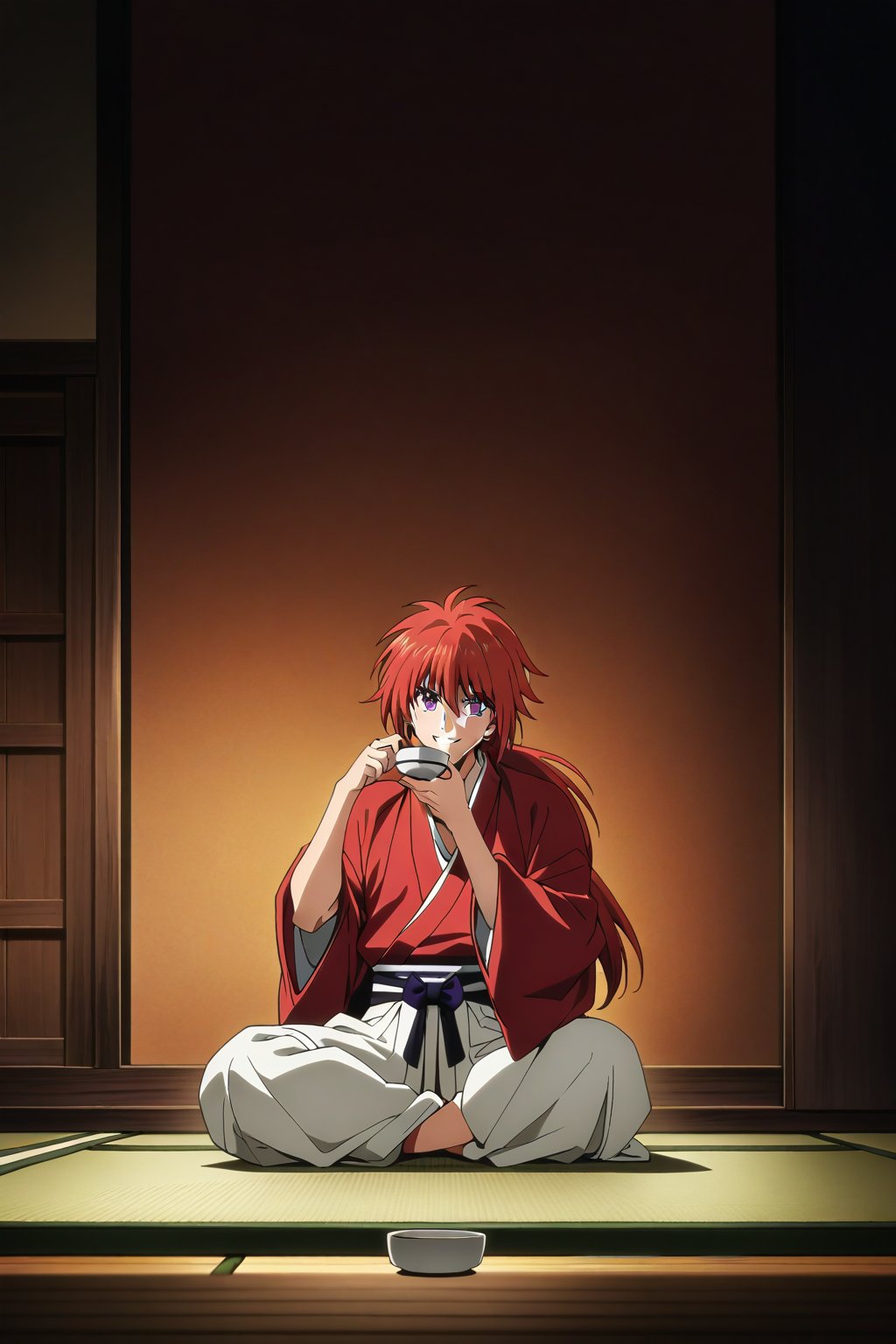 (masterpiece, best quality, ultra HD anime quality, super high resolution, 1980s/(style), retro, anatomically accurate, perfect anatomy), (Himura Kenshin), one boy, solo, (red hair, long hair, low ponytail, thick bangs between eyes, messy hair, purple eyes, facial scar, smiling), looking at camera, (red kimono top, white hakama pants, black sash), barefoot, (four fingers, one thumb), small sake cup, (ochoko), (drinking from a small sake cup, sitting on tatami mat, cross-legged, in front of a low-legged table, in a Japanese-style room), (view of a Japanese house, Japanese-style room, light from the stage curtain, tatami mat, outside a dark window, garden, night), (front, angle from below), score 9, score 8_up, score 7_up, score 6_up,