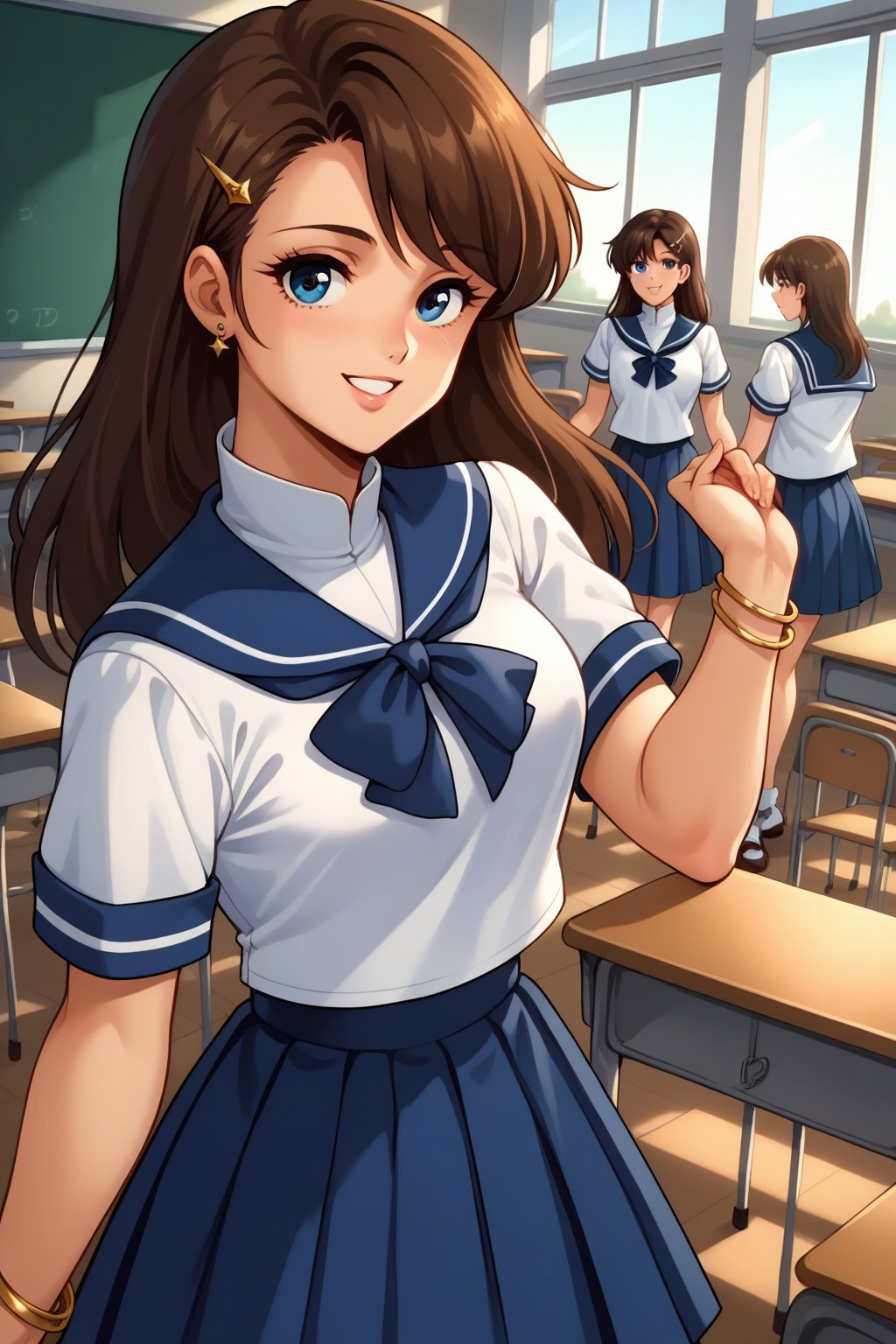 (masterpiece, best quality, ultra HD anime, super high resolution, 1980s/(style), anatomically accurate, perfect anatomy), (upper angle), looking at camera, score_9, score_8_up, score_7_up, source_anime, cream_ami, brown hair, long hair, asymmetrical bangs, hair bow, hairpin, blue eyes, smiling, earrings, (blue sailor suit, white sleeves, short sleeves, high collar, ascot, blue skirt, bracelet), looking at viewer, cowboy shot, dutch angle, dancing happily, dancing, (school scene, classroom, classroom at dusk),