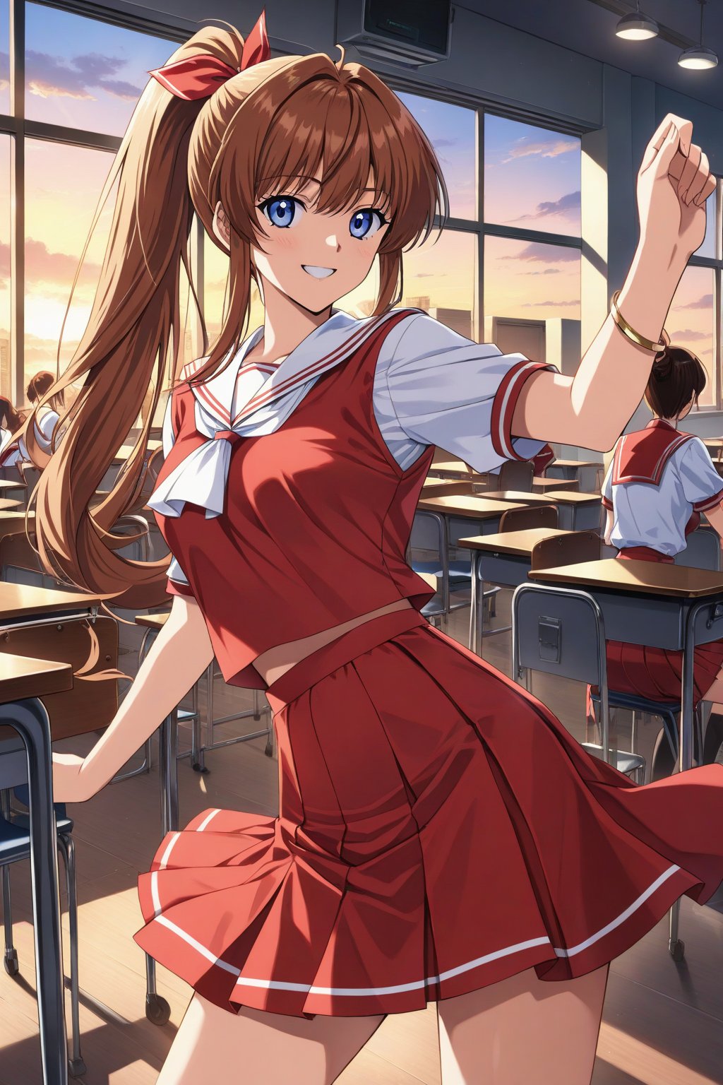 (masterpiece, best quality, ultra HD anime, super high resolution, 1980s/(style), anatomically accurate, perfect anatomy), (upper angle), looking at camera, score_9, score_8_up, score_7_up, source_anime, TanakaMisa, brown hair, long hair, bangs, ponytail, red ribbon, blue eyes, smiling, (red sailor uniform, white sleeves, short sleeves, high collar, ascot, red skirt, bracelet), looking at viewer, cowboy shot, dutch angle, dancing happily, dancing, (school scene, classroom, classroom at dusk), source_