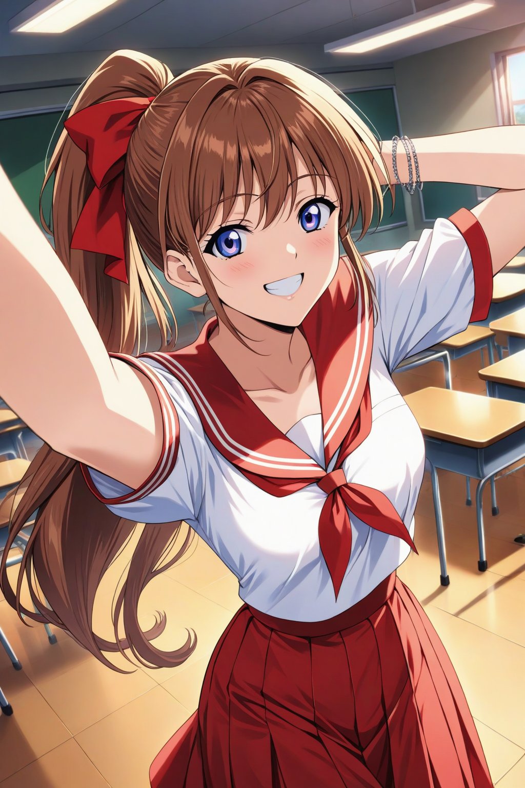 (masterpiece, best quality, ultra HD anime, super high resolution, 1980s/(style), anatomically accurate, perfect anatomy), (upper angle), looking at camera, score_9, score_8_up, score_7_up, source_anime, TanakaMisa, brown hair, long hair, bangs, ponytail, red ribbon, blue eyes, smiling, (red sailor uniform, white sleeves, short sleeves, high collar, ascot, red skirt, bracelet), looking at viewer, cowboy shot, dutch angle, dancing happily, dancing, (school scene, classroom, classroom at dusk), source_